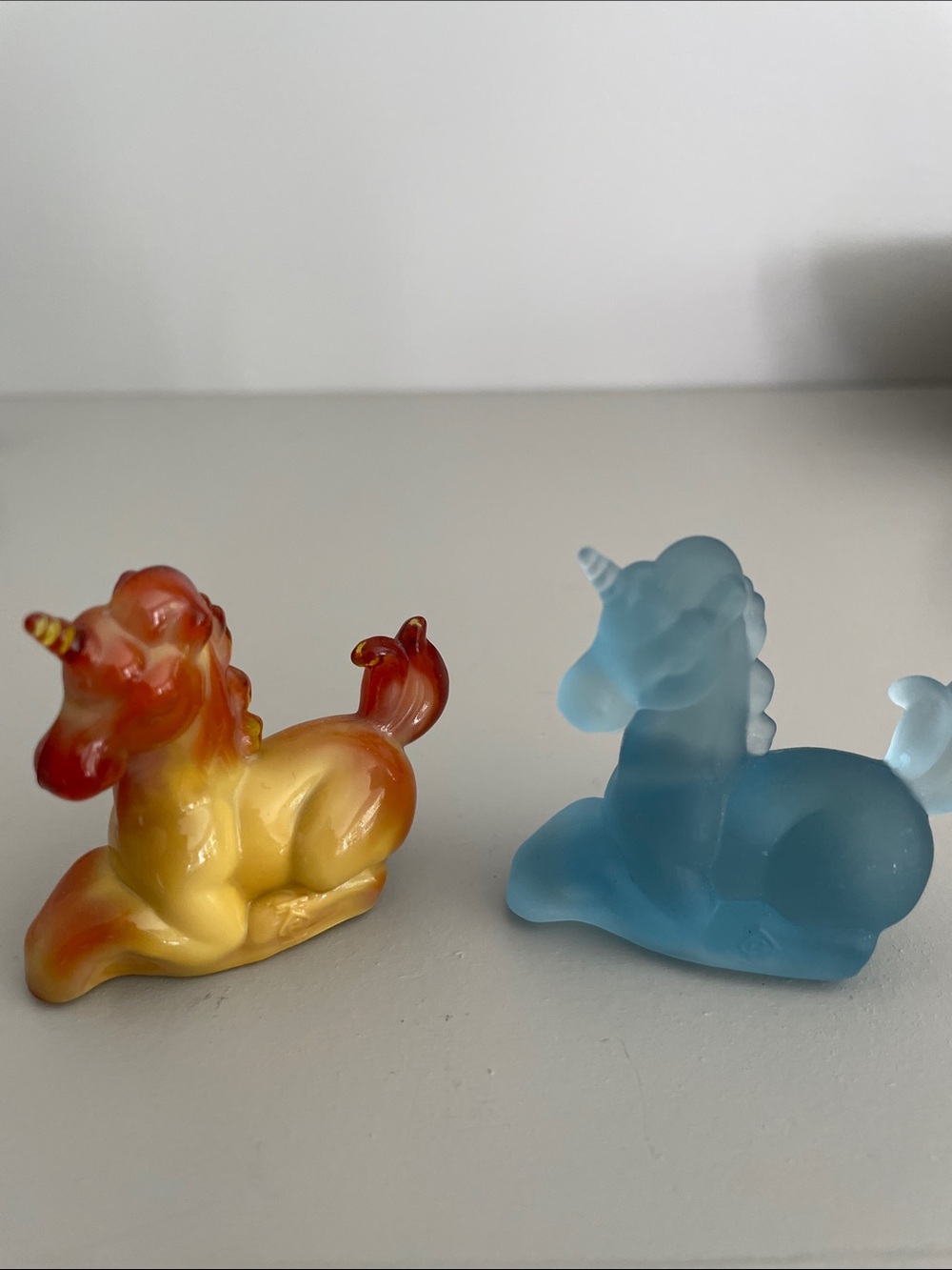 Set of Two Boyd Glass Unicorn Figurines-Cambridge, blue satin and orange spice